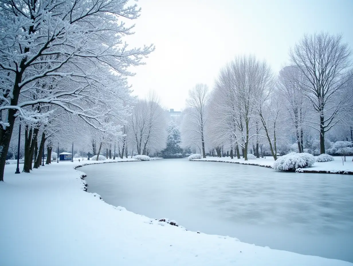 Beautiful natural landscape of a snowy city park with snow-covered trees and frozen pond on bright winter day.