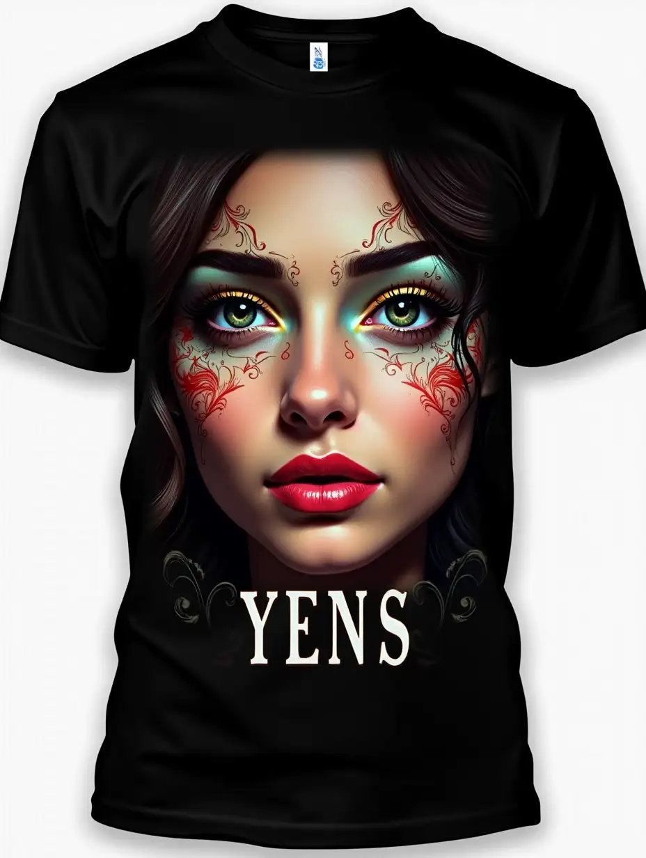 T-shirt, black, with ornaments, closeup of a beautiful woman's face, colorful, written in the middle 'YENS', portrait realistic, Gildan 500