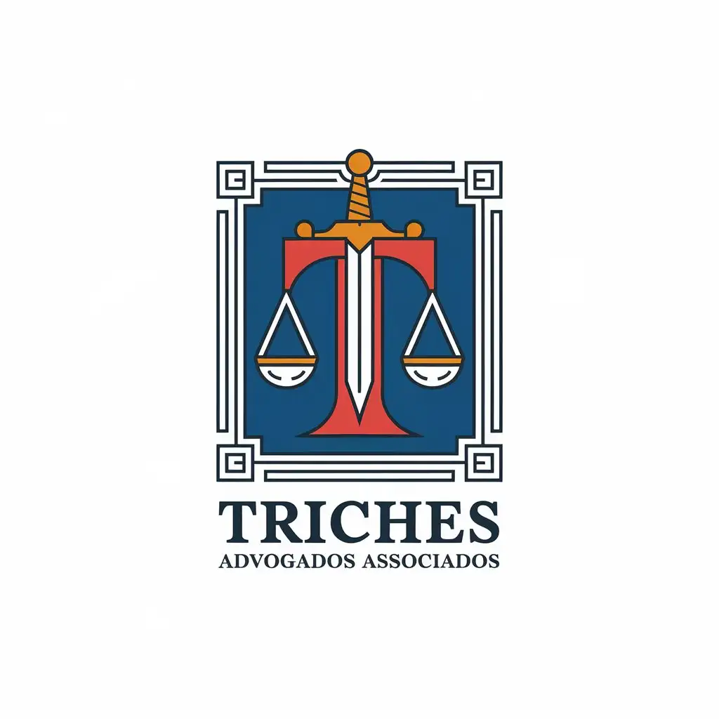 a vector logo design,with the text "TRICHES ADVOGADOS ASSOCIADOS", main symbol:LETTER T IN RED AND GOLD COLOR SWINGS SWORD,complex,be used in Legal industry,clear background