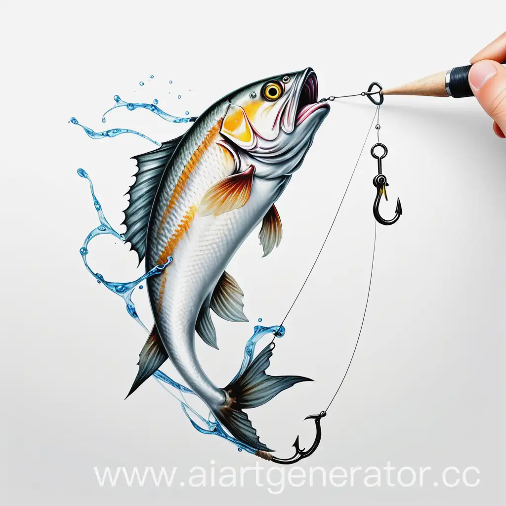 Fish-Caught-on-Fishing-Hook-with-Water-Effect-on-White-Background