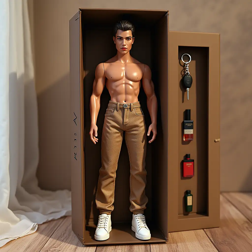 Create a collectible action figure of a human — like an expensive toy in packaging. Style: most realistic, as for advertising or storyboarding (16:9 ratio). Main points: This is a 3D doll in the style of Bratz, made of soft touch plastic. The character - full size, repeats the appearance and outfit from the first photo. Copy every detail: hairstyle, lips, eyes, facial features and proportions. Clothing - exactly, with an emphasis on style and textures. The doll lies in a plastic recess that repeats its silhouette. Packaging: The box style is modern. The box: transparent plastic in front, cardboard on the back. Brown colors In the upper part of the box should be the name of the character Artur - letters embossed and engraved on the box Accessories inside the box: Laid out next to the doll on its own places in separate cells: Gucci bag, perfumes , car keys Toys — highly photo-realistic and detailed mini versions. Key: style, visual and details as a premium collectible toy