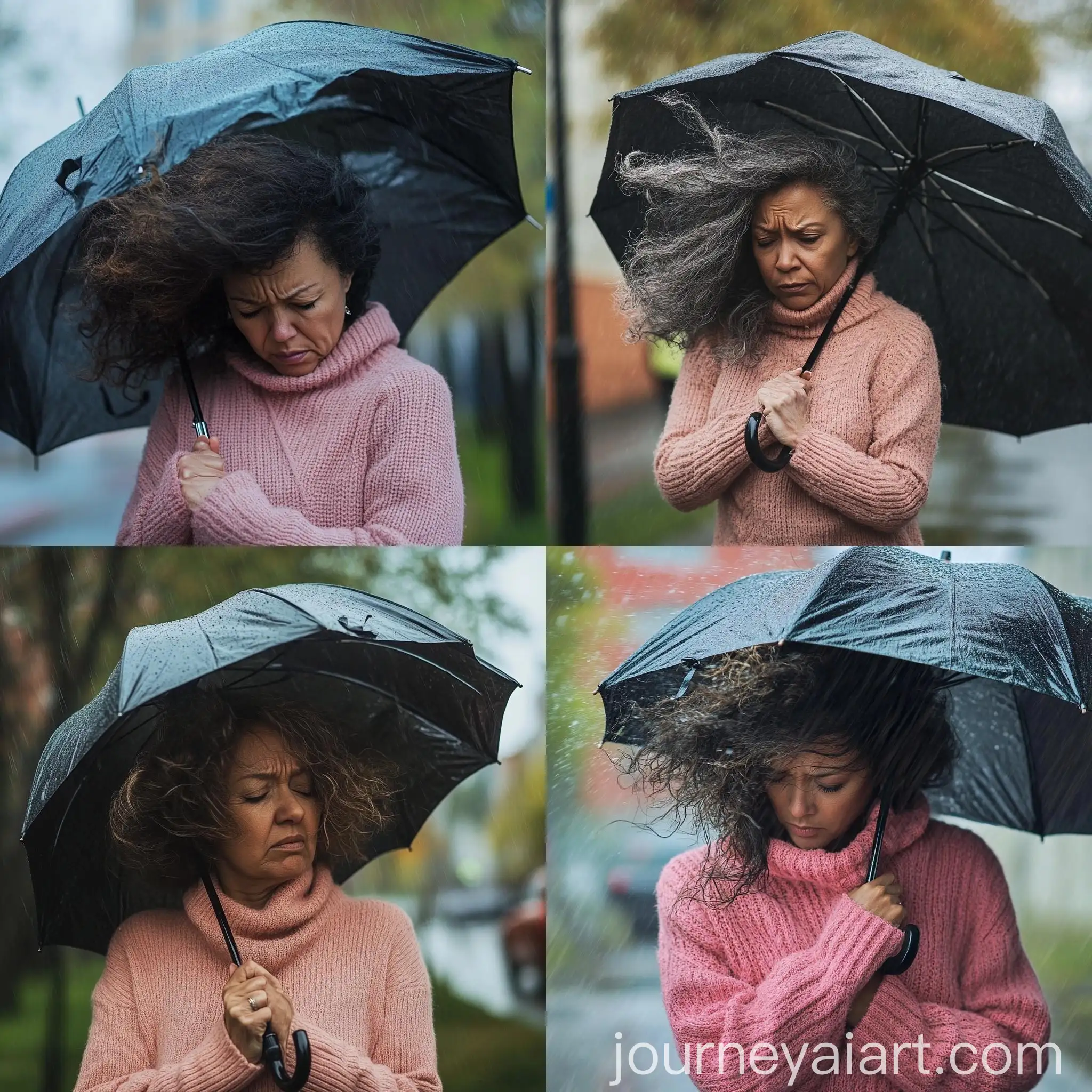 Mature-Black-Woman-in-Windy-Rain-with-Frizzy-Hair-and-Pink-Jumper