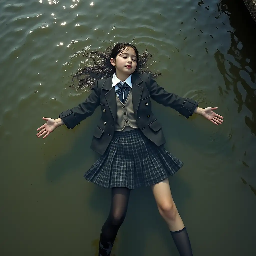 A young schoolgirl in a school uniform, in a skirt, jacket, blouse, dark tights, high-heeled shoes. She is swimming in a dirty pond, lying under water, all her clothes are completely wet, wet clothes stick to her body, the whole body is under water, submerged in water, under the surface of the water, below the water's edge.