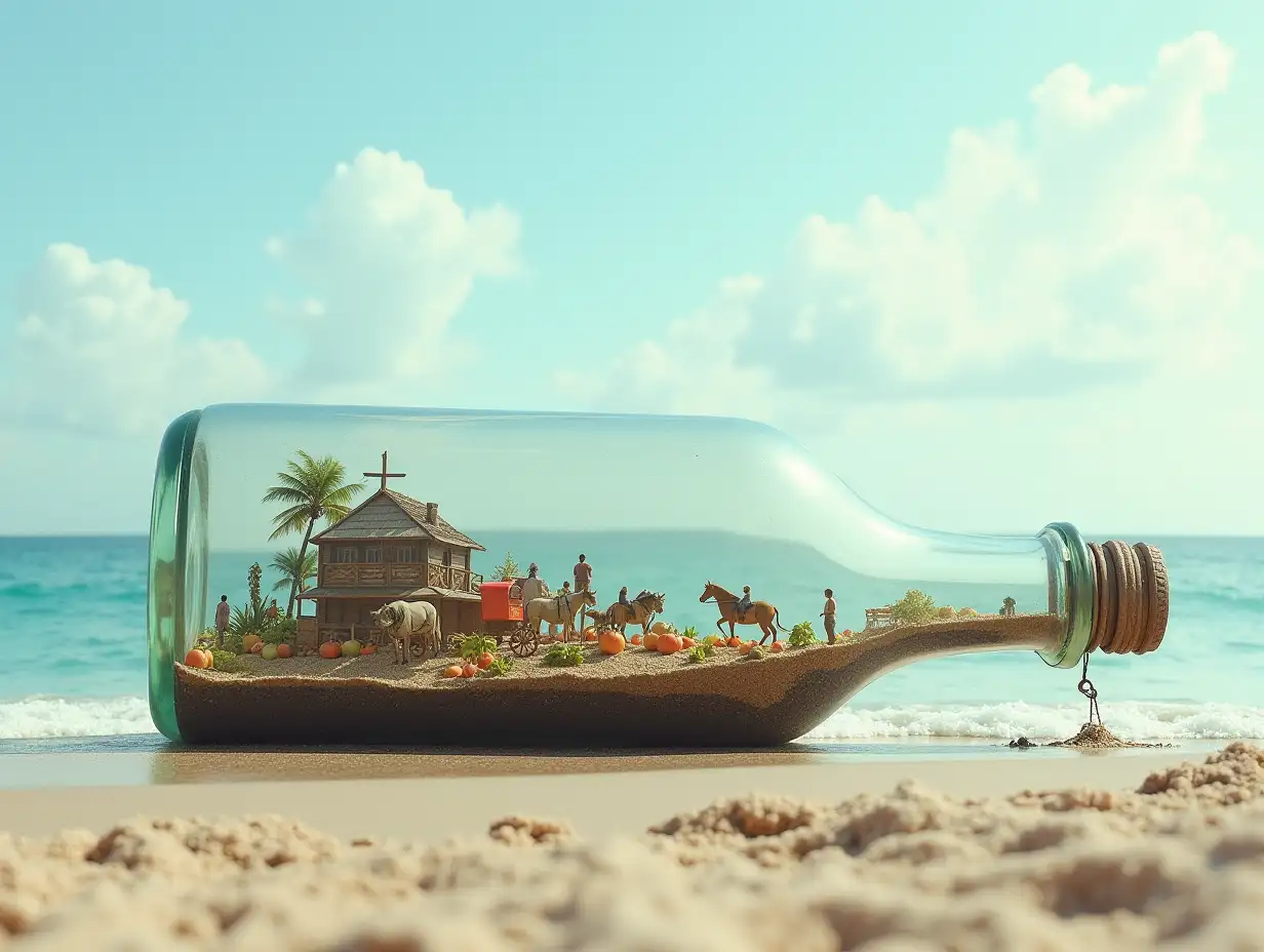 On a beautiful beach there is a large glass bottle, inside it is a small village, with very many tiny people, with fruit plantation, carriage, horses, pigs, quite big-real photo, triple exposure, basic idea of something beautiful picture