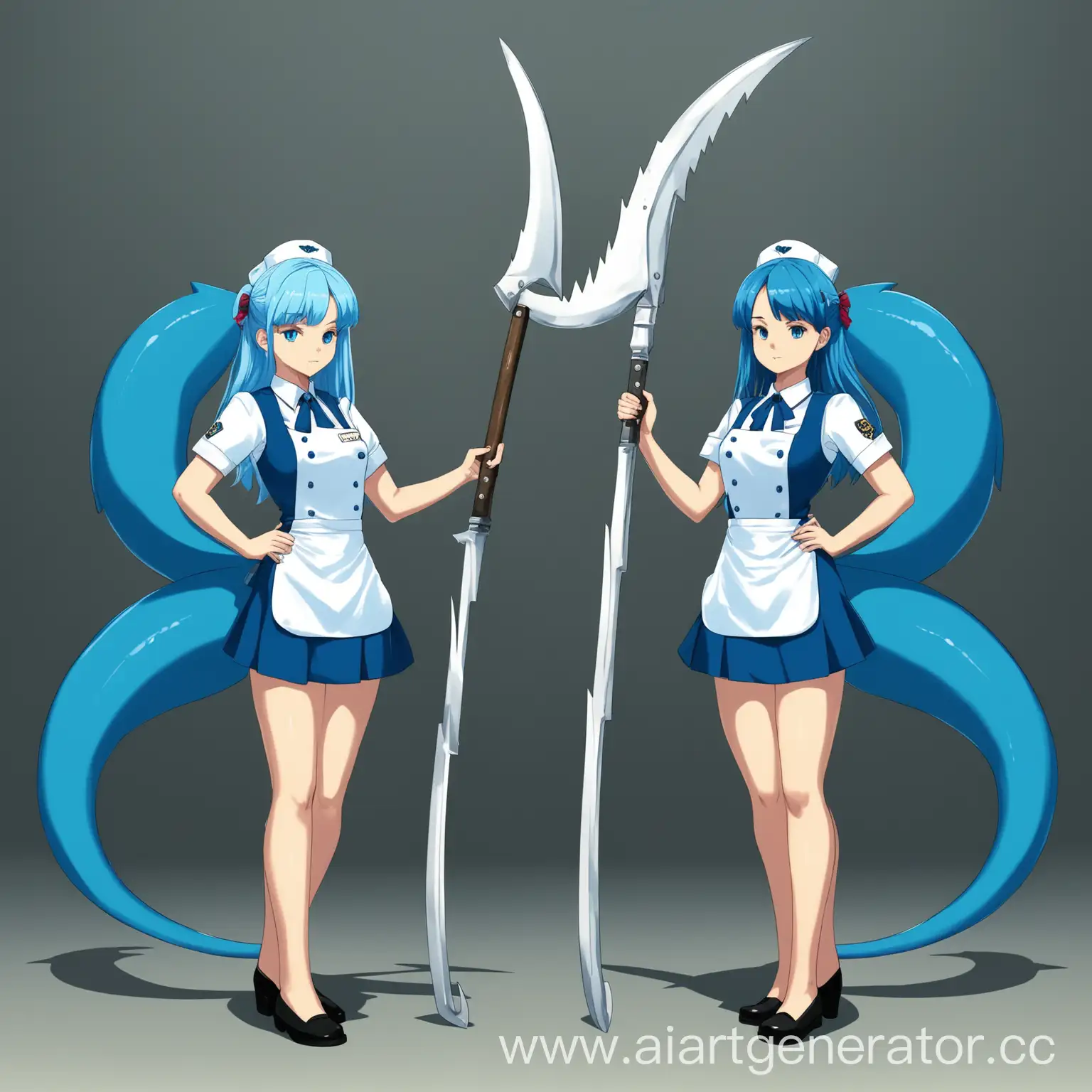 Twin Sisters with Shark Tails and Scythes in Blue and White Uniforms ...