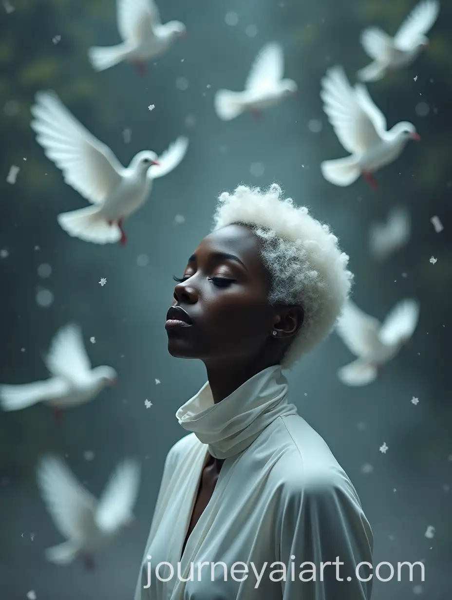 DarkSkinned-Woman-with-White-Hair-Surrounded-by-Fluttering-Doves-in-Dreamlike-Atmosphere