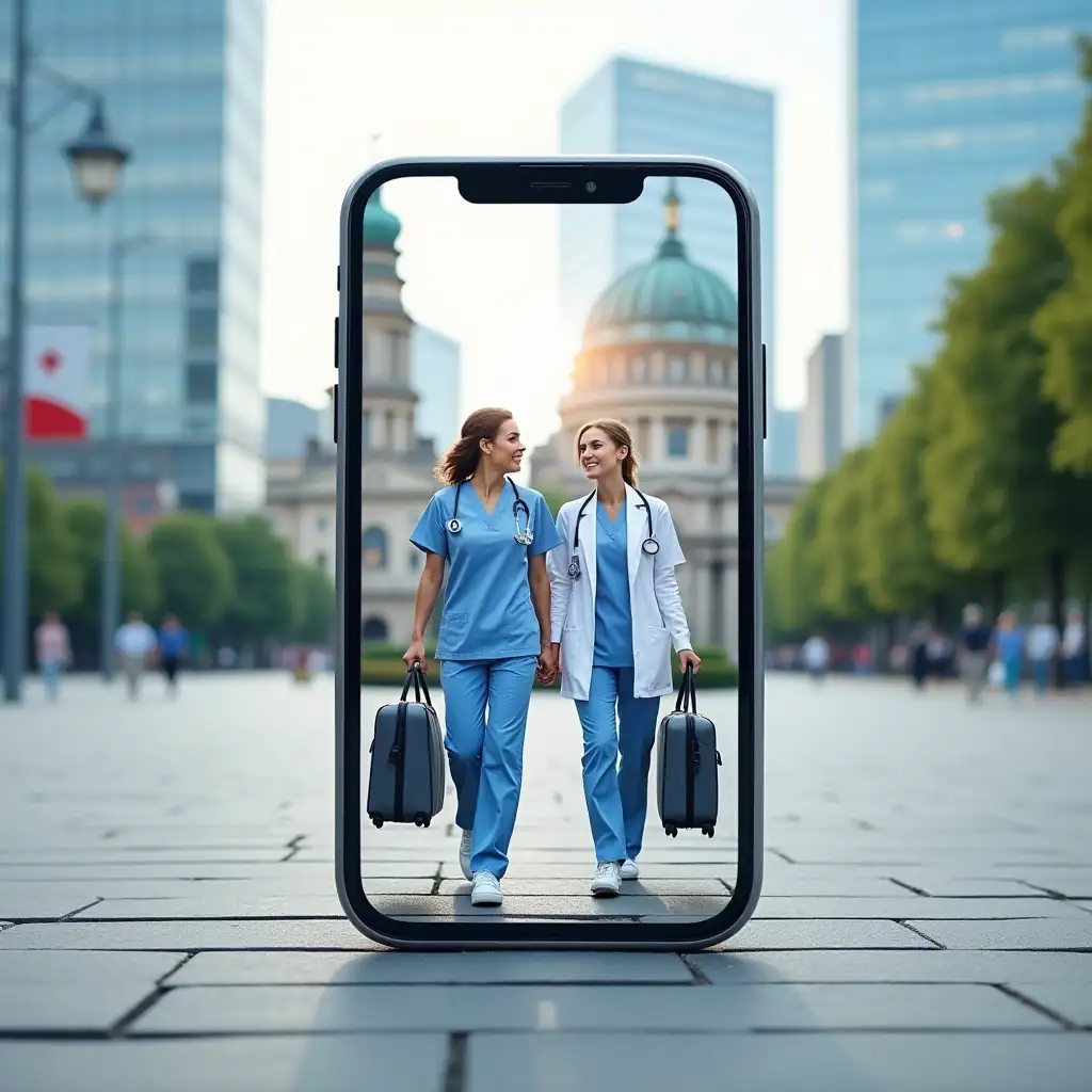 A background showing a ground surface (such as a plaza or street), with a smartphone placed centrally in the image. Inside the phone screen, display two nurses (either two women or a man and a woman) wearing medical uniforms, walking forward confidently while holding medical bags or suitcases. In the background inside the phone, show a recognizable German city (such as Berlin, Hamburg, Frankfurt, or Munich) with iconic German architecture (historic buildings or modern skyscrapers). The atmosphere should be professional, optimistic, and modern. Use bright, clean colors, and design the scene in an eye-catching, promotional poster style.