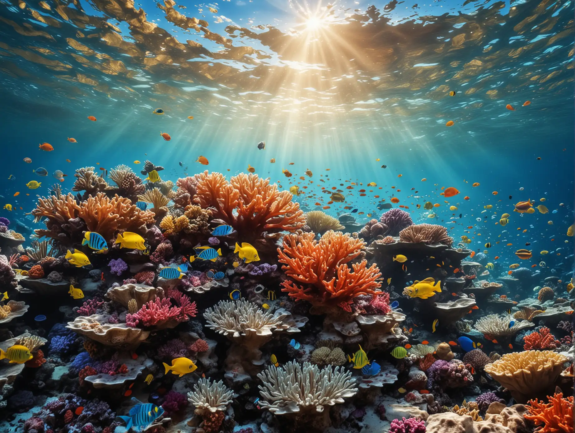 coral reef in the ocean, colorful schools of fish, clear water area, sunlight shining through the water surface, magical underwater world