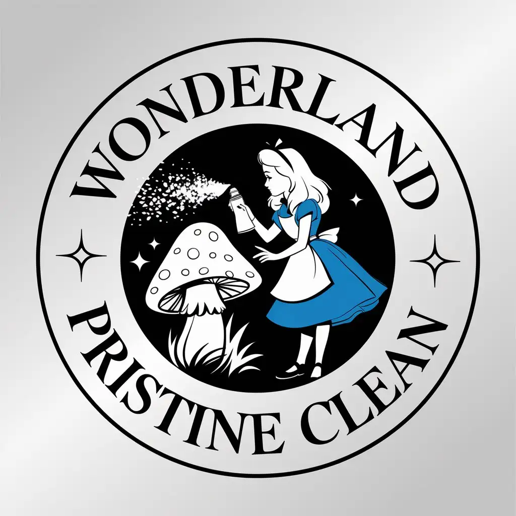 LOGO Design for Wonderland Pristine Clean Alice in Wonderland Dusting Mushroom with Vector Style