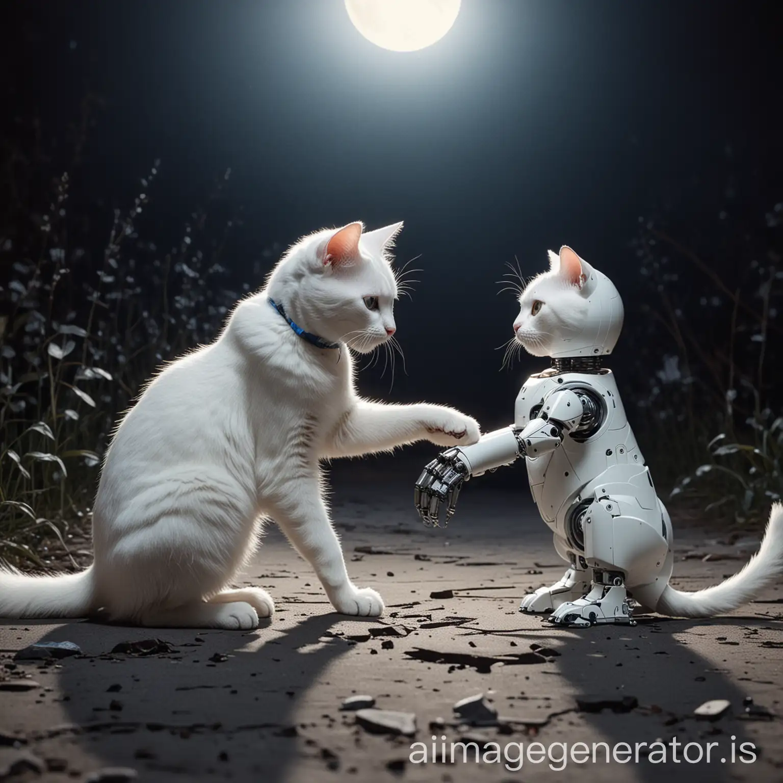 white cat playing with robot in moonlight