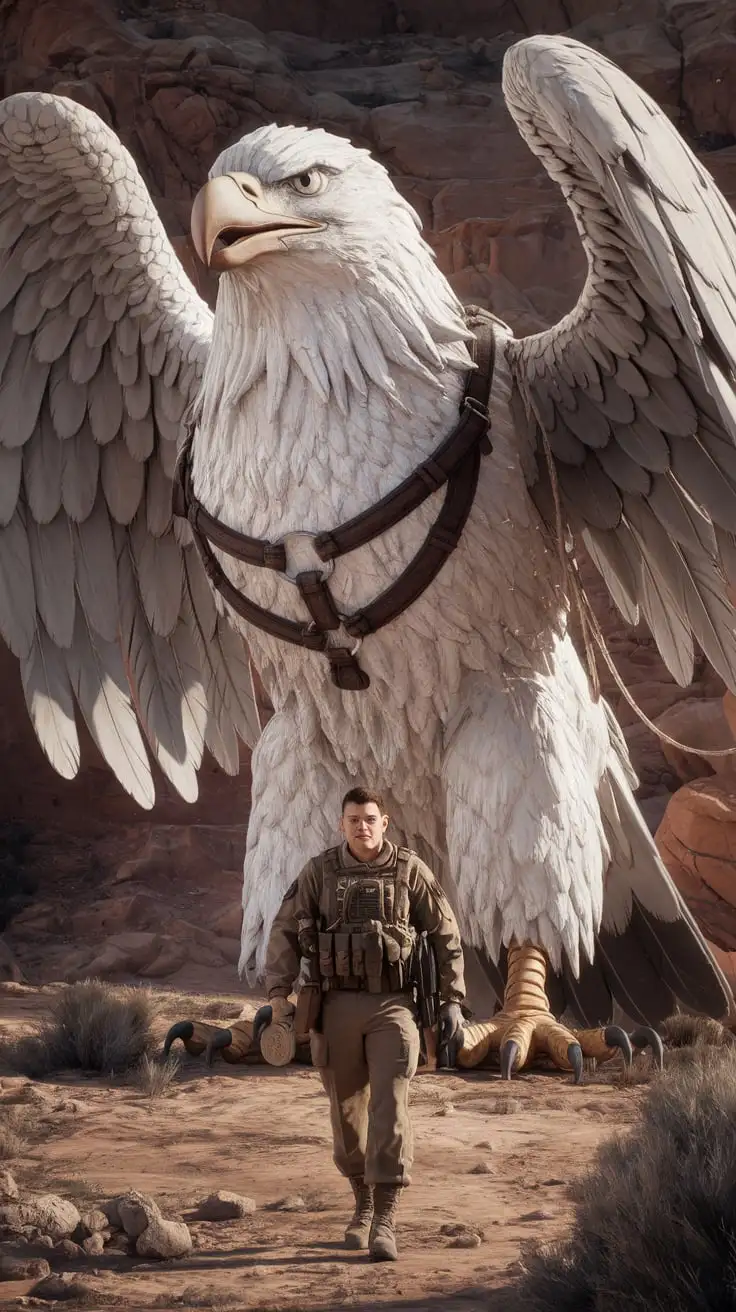 Man in Military Attire Accompanied by a Giant Armored Eagle