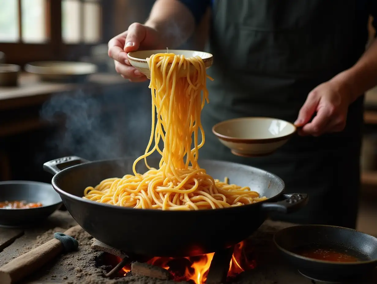 rural Chinese kitchen, using a firewood stove making noodle dish in a large Chinese pot, lifting noodles to a bowl, raising the pot up