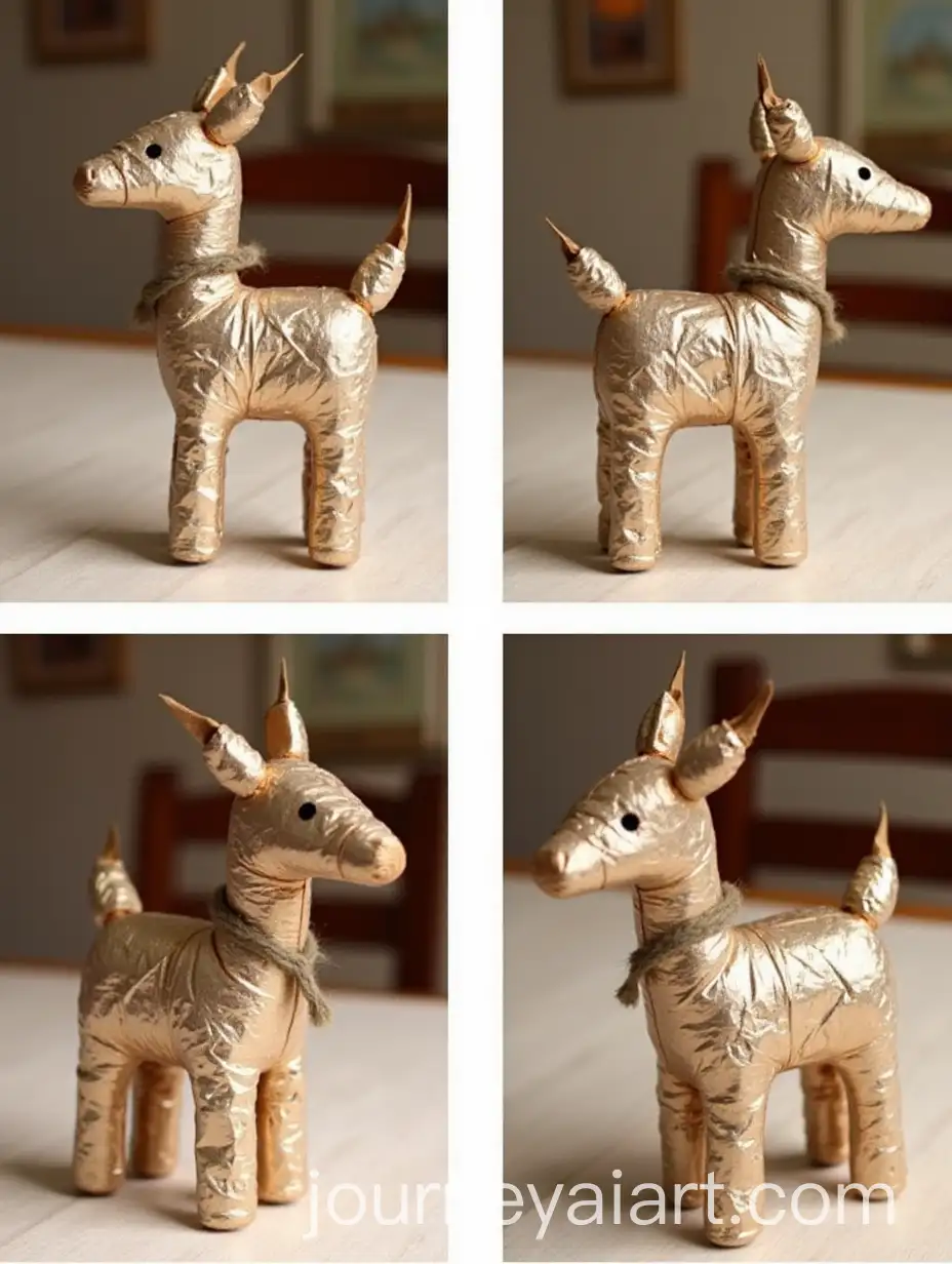 Childrens-Simple-Craft-of-a-Deer-Made-from-Aluminum-Foil-and-Jute-Rope-on-Dining-Table