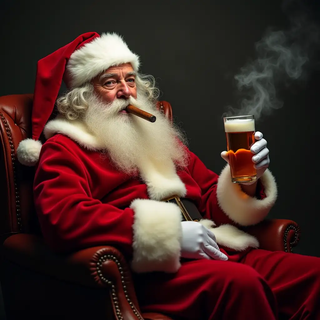 santa claus sitting in an armchair with a cuban cigar between his fingers and a beer in his hand