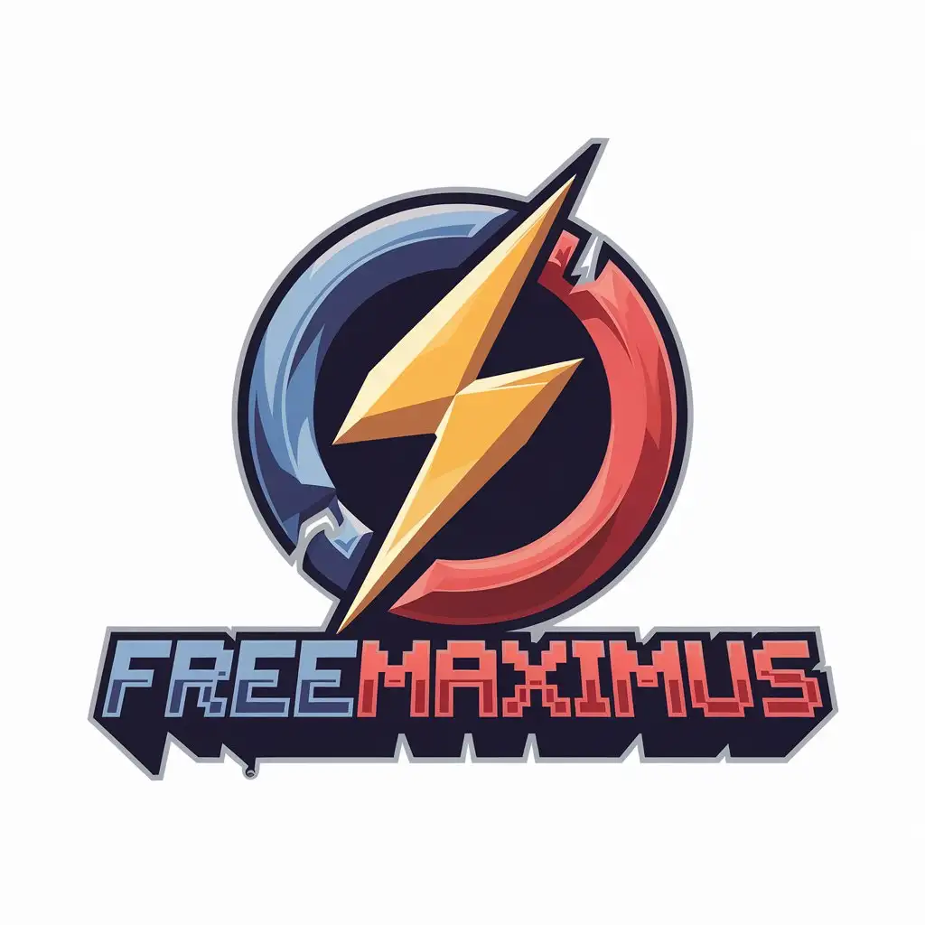 LOGO Design for Freemaximus Blue Red Yellow and Work Blue with 8Bit Game Theme