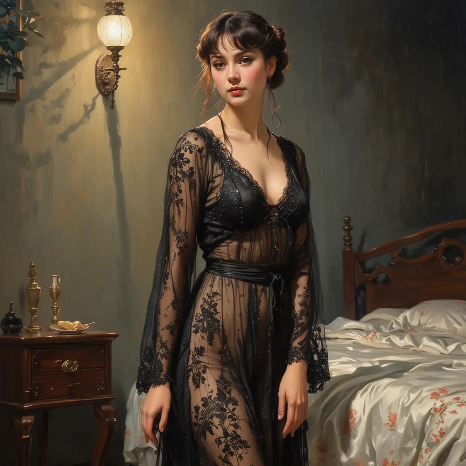 Paul Chabas, oil painting of italian woman, full body view, gorgeous , japanese , black lace outfit night gown, brunette low pigtails and bangs, , athletic