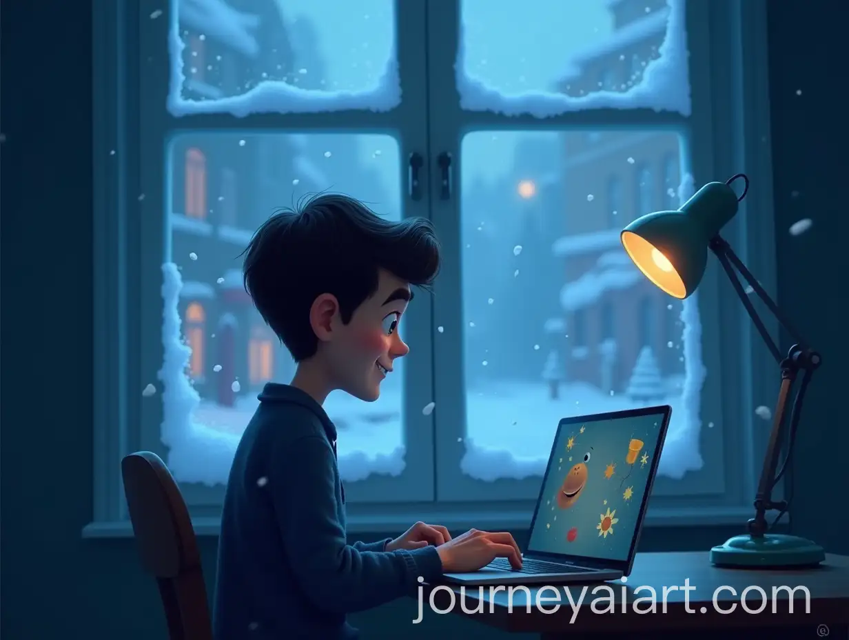 Smiling-Boy-Working-on-Laptop-in-WinterThemed-Room-with-Snowfall-Outside
