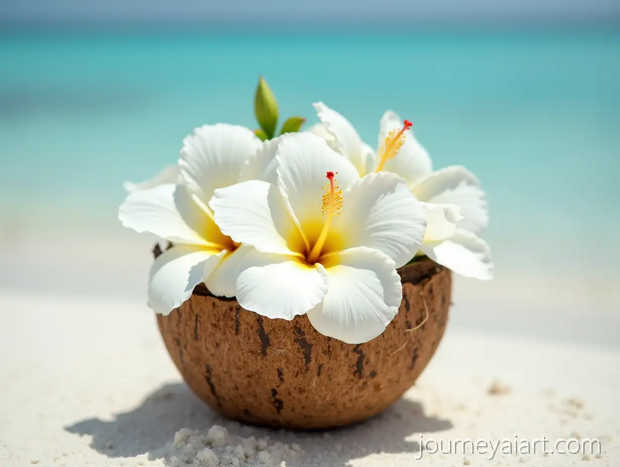 Bouquet-of-White-Hibiscus-Flowers-inHibiscus-bouquet-on-beach-Broken-Coconut-on-a-Sandy-Beach-in-the-Maldives