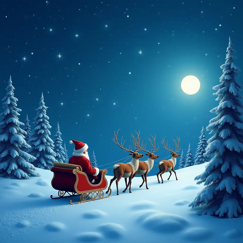 A magical winter wonderland with reindeer pulling Santa’s sleigh through a starry night sky, with snow-covered trees and a glowing full moon.