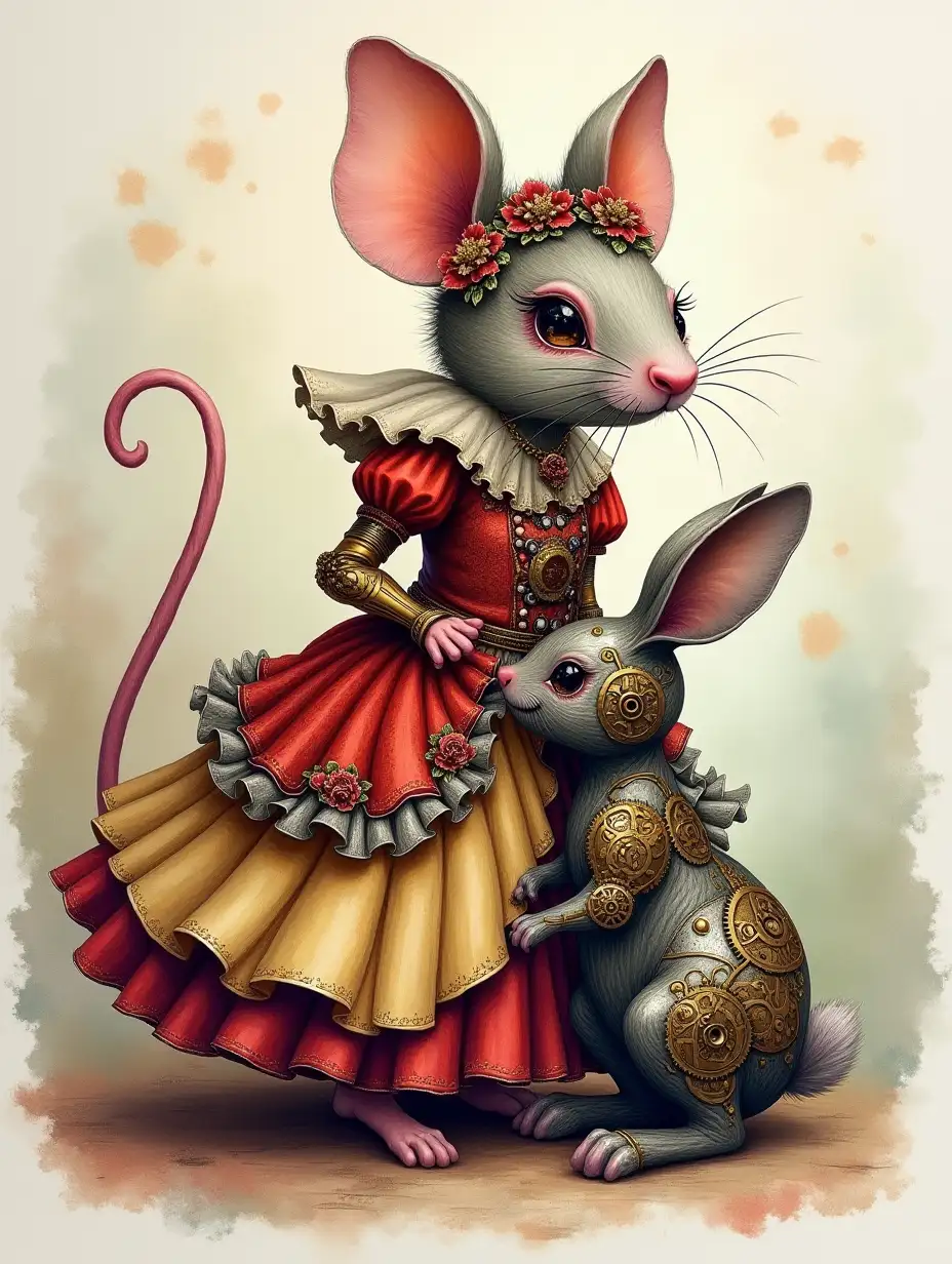 a hyperrealistic  Steampunk Christmas Mouse with an elaborate dress and a metal Bunny made of metal and gears. the background having a mix of alcohol ink and watercolor.