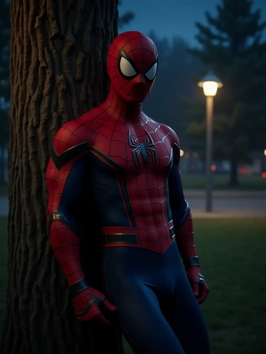 Spiderman with his modern costume leaning against a tree in a park at night dimly lit by a street lamp, he is muscular with his 6 abs and 2 pectorals, the scene of the character as a whole and from the front in low angle with breathtaking details like a realistic photograph of high precision, high definition, very detailed.