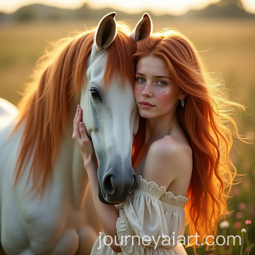 Freckled-Woman-and-Horse-in-Sunlit-Meadow-with-Glowing-Bond
