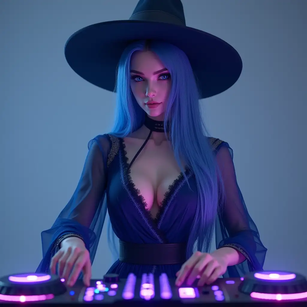 create A stunning sorceress DJ with long, flowing blue hair, styled naturally with soft strands. She wears an elegant, dark blue light translucent wizard outfit, highlighting her shoulders and young volumous breasts. A stylish brimmed hat. Heterochromic eyes: ((her left eye is an intense blue, while her right eye glows is soft pink)). She is performing as a DJ, gracefully adjusting a futuristic, magical DJ setup with glowing purple lights that emit a subtle haze. The scene is illuminated by soft, diffused lighting, casting realistic shadows and reflections. The background is a simple gray, focusing attention on her detailed, lifelike features. Ultra-realistic 3D, ray-traced rendering, HDR, 4K resolution, depth of field, twitch live webcam perspective, lifelike skin texture, photorealistic details.