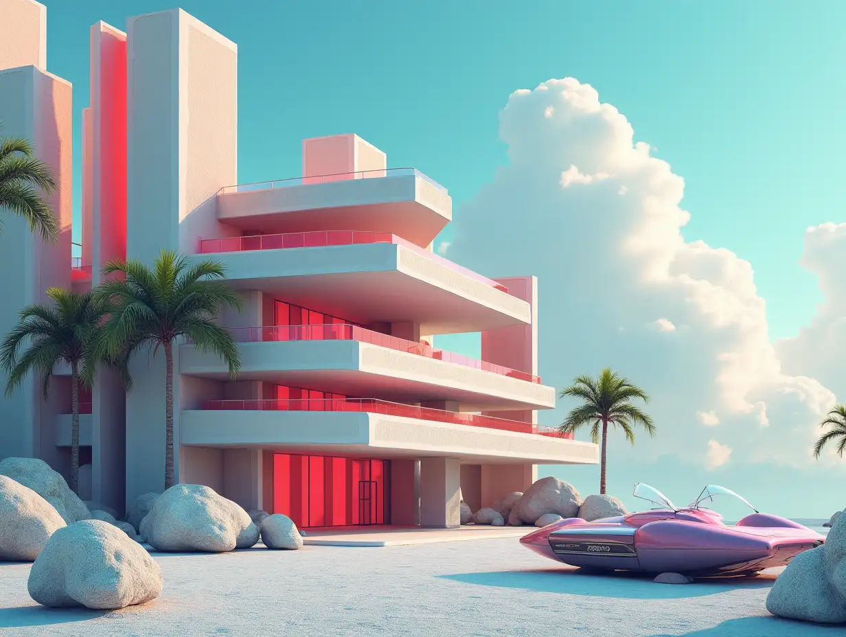 Create a high-resolution realistic image in 4k resolution of a futuristic building with ferscidene colors, curved columns, palms, rocks and a futuristic vehicle with a cloudy sky