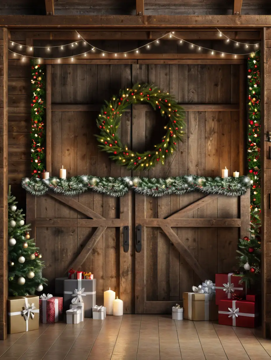 Rustic Christmas Barn with Garland Trees and Gifts