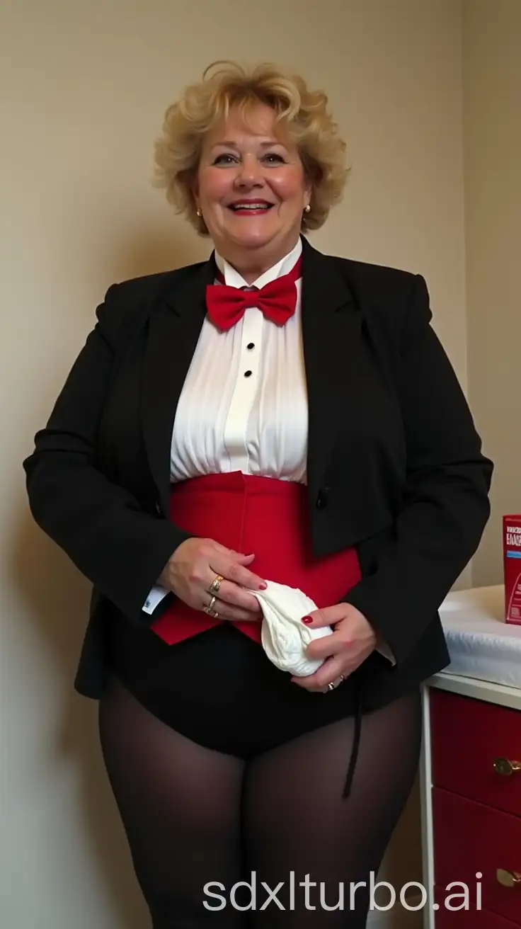 Smiling-Woman-in-Formal-Tuxedo-Unfolding-Huggies-Diaper-in-Nursery