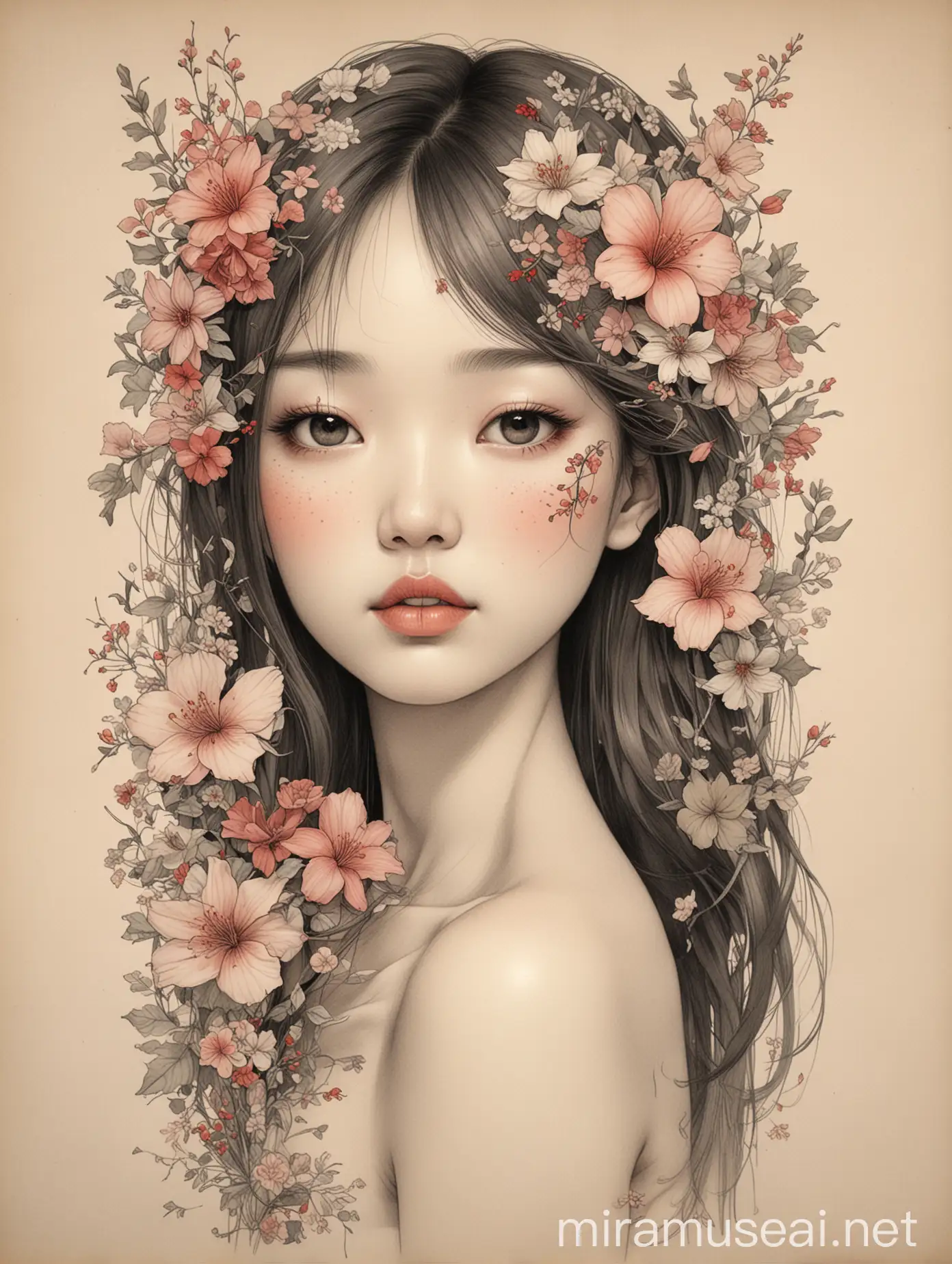 Beautiful Shanghai Girl Outlined with Flowers in Minimalist Style