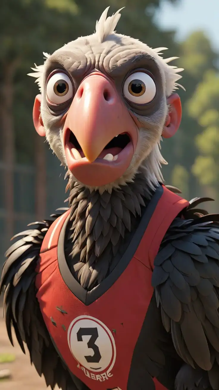 A pixar-style vulture, wearing a football team shirt, the shirt has vertical stripes, in red and black, he is crying, tears come out of your eyes and run down your beak, he is very sad