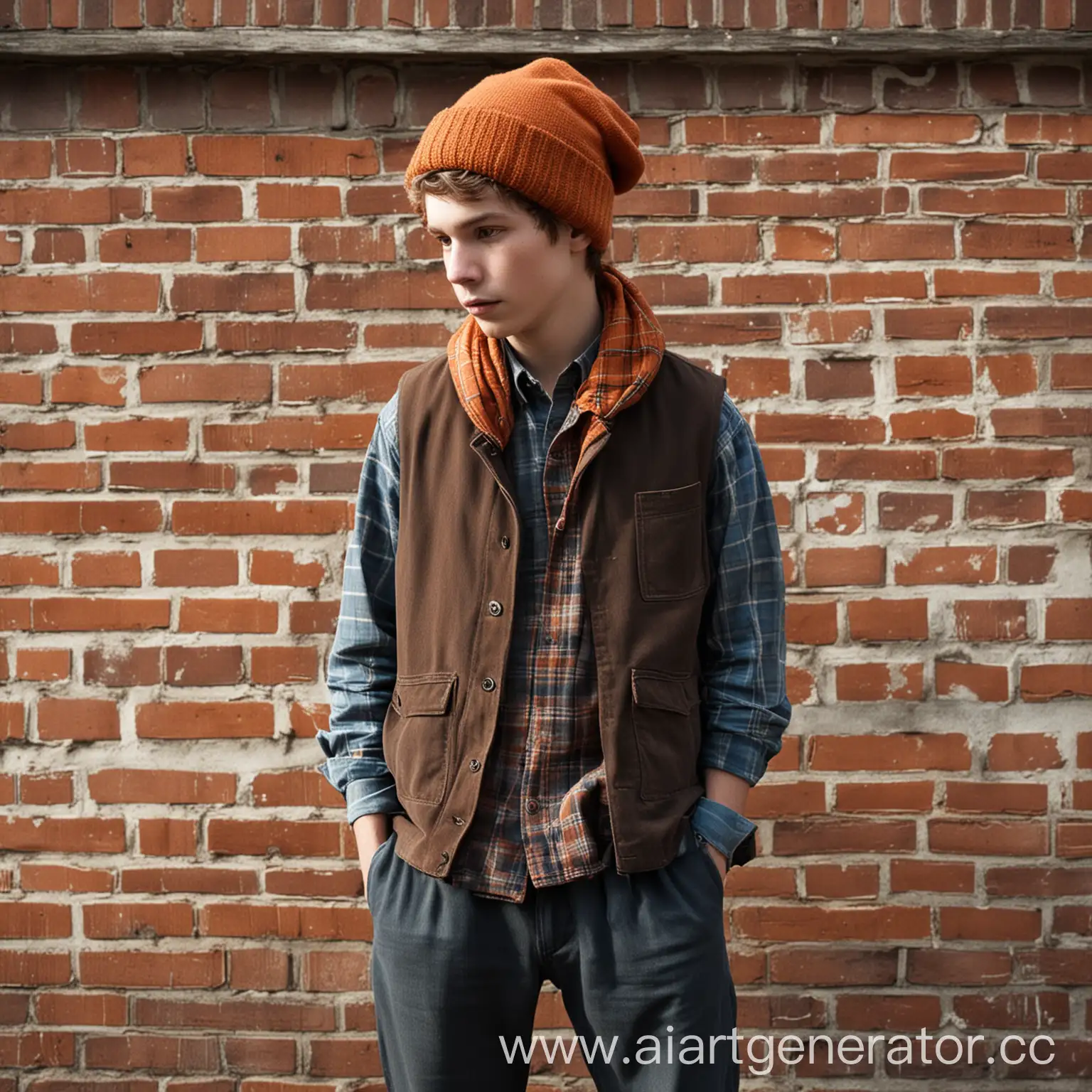 Generate an image of a seventeen-year-old boy dressed in worn, paint-stained orange-terracotta canvas pants and a loose-fitting, oversized blue plaid shirt. Over the shirt, he wears a woolen vest that's seen better days and a large, slouchy, mouse-grey chunky-knit sweater with a stretched collar. On his head, he wears a tweed hat pulled down low over his eyes. When stepping outside, he drapes himself in a black waxed village jacket with a zipper closure.
Wrap a lengthy plaid scarf around his head, leaving only a narrow gap through which his cautious, dark-grey eyes peer out. His most distinctive feature is his footwear: striking orange-terracotta plimsolls (sneakers) with canvas uppers and rubber soles, which draw the eye and emphasize his unique style.
Setting: Outside, perhaps near an industrial or rural area, with autumn leaves or a slightly overcast sky. He stands or leans against a worn brick wall, capturing the essence of practicality and rugged charm. The overall tone of the image should convey a mix of rustic, artsy, and slightly mysterious vibes, reflecting his eclectic fashion choices.
Lighting: Soft, natural lighting to highlight the texture of his clothes and the details of his shoes, creating a semi-dramatic yet realistic atmosphere.