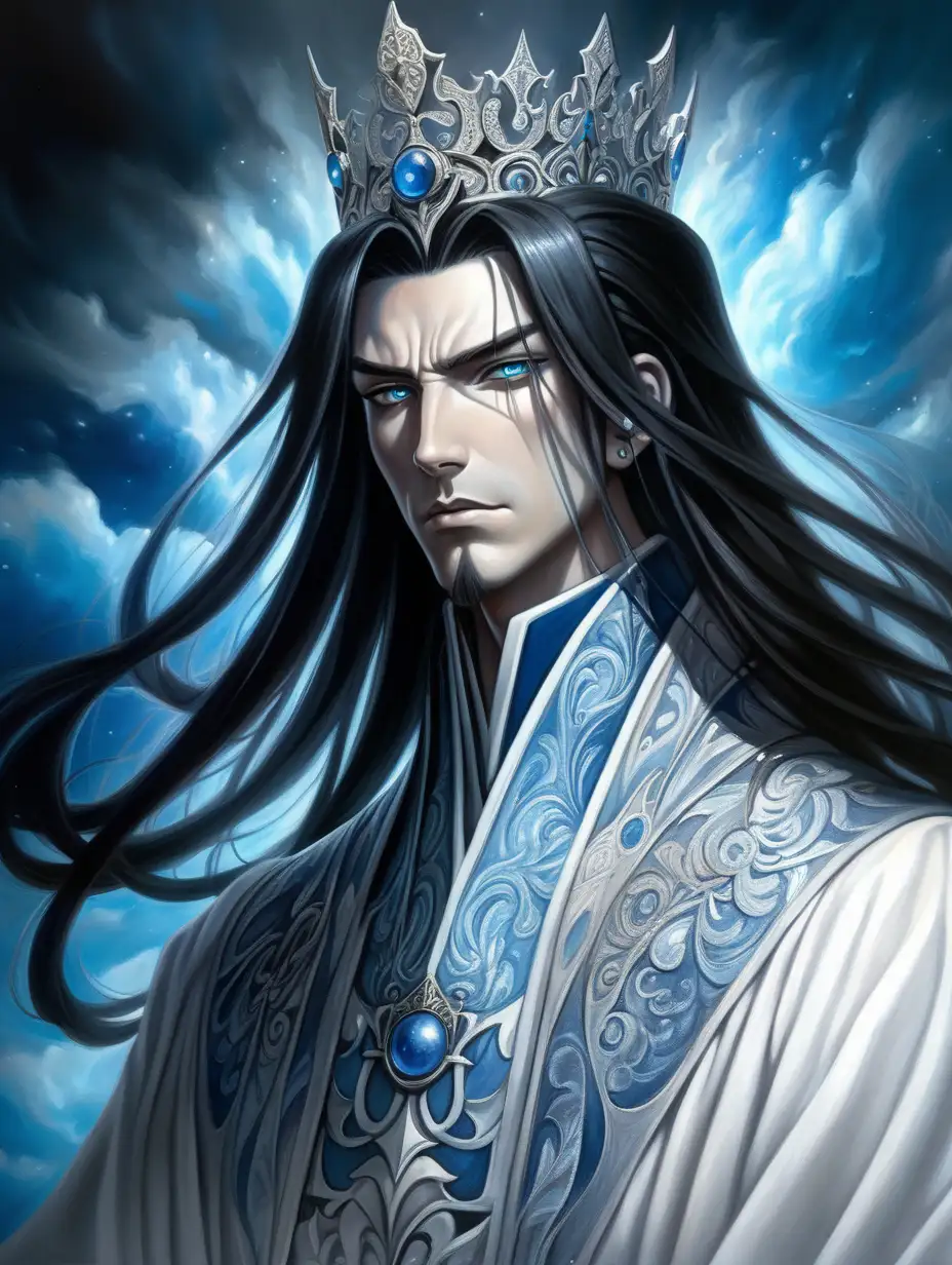 A dynamic anime-style portrait of a regal and mysterious male character with long, flowing black hair that reflects a soft blue glow. His pale face is illuminated by a strong, ethereal light from behind, creating sharp contrasts and dramatic shadows. He wears a traditional, elegant robe with intricate silver patterns and a small, ornate crown resting on his head. His expression is calm yet intimidating, with piercing, glowing eyes and a faint red mark on his forehead, symbolizing power and mysticism. The background features swirling, abstract clouds in shades of blue and white, enhancing the supernatural and majestic atmosphere. The overall mood is intense, enigmatic, and otherworldly, with a color palette dominated by deep blues, silvers, and whites.