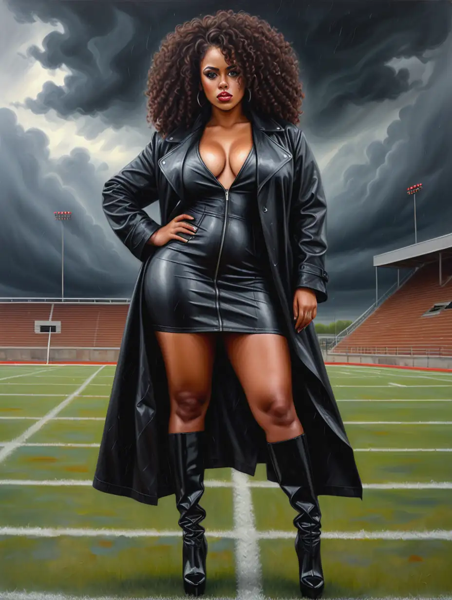 Victorious-African-American-Woman-in-Leather-Coat-on-Football-Field-During-Stormy-Weather