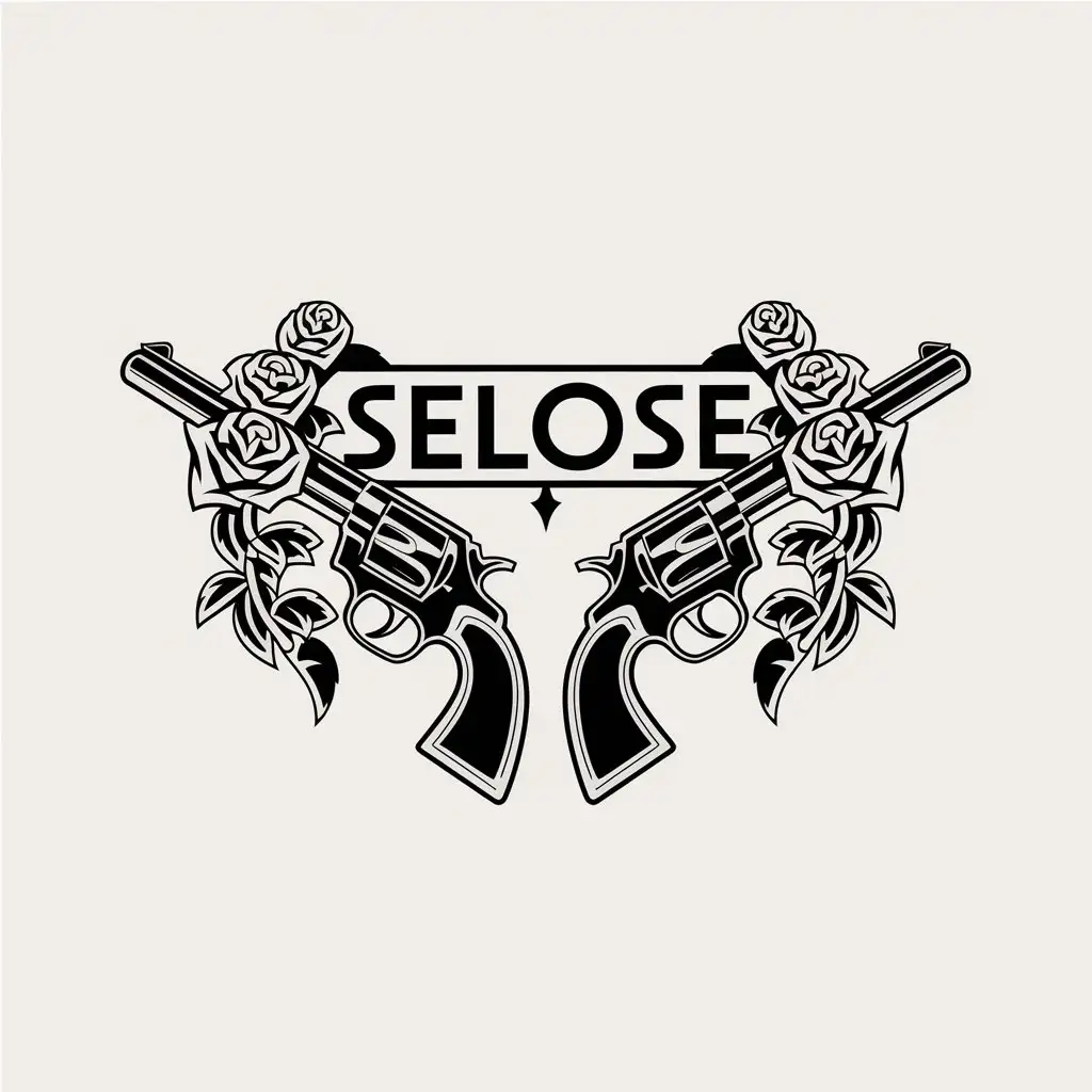 a vector logo design,with the text "selose", main symbol:left side dual guns, roses, black and white,Moderate,clear background