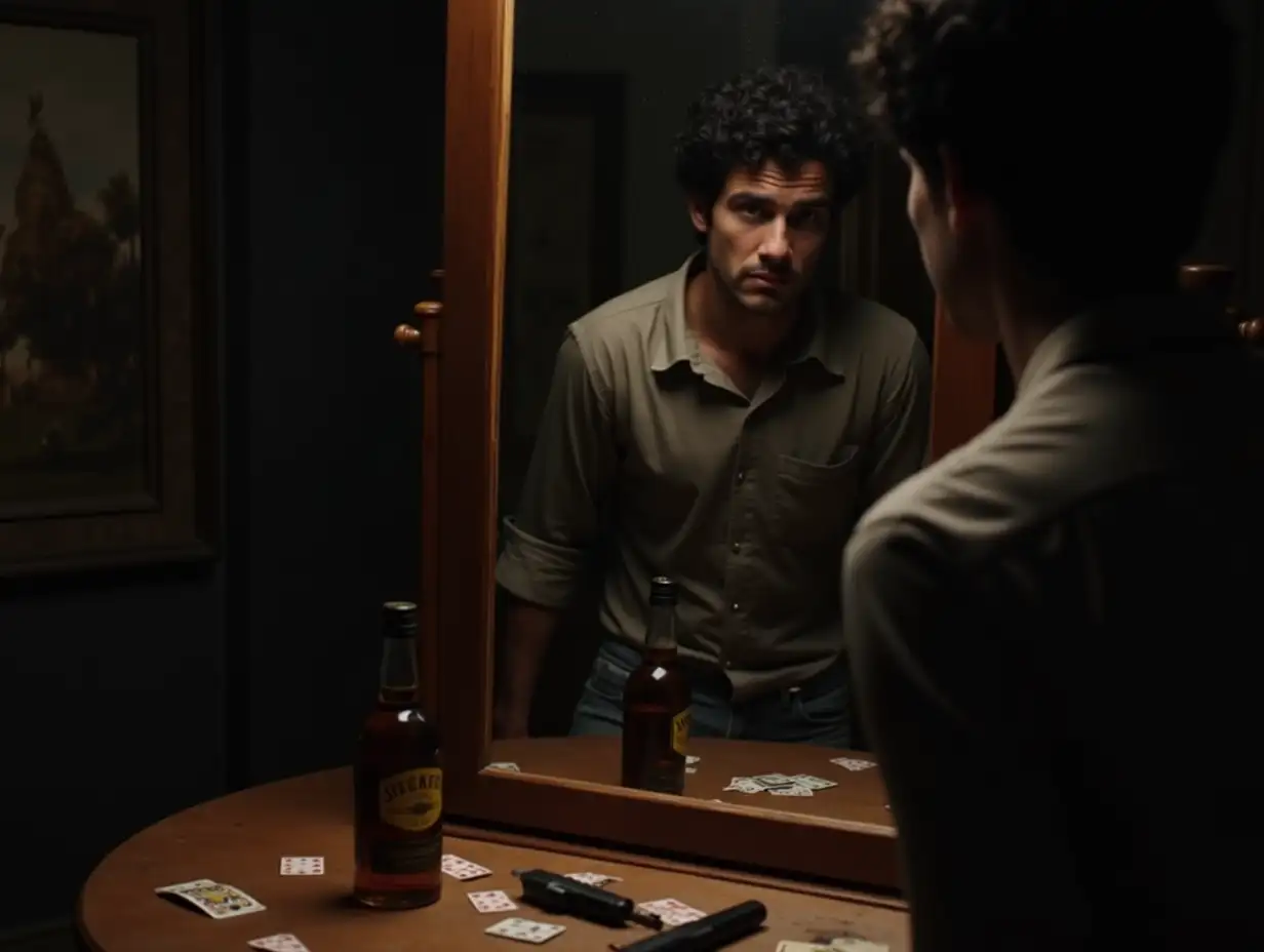 Young-Man-Reflecting-in-Mirror-in-a-Dimly-Lit-Gambling-Room-with-Whiskey-Cards-and-Gun
