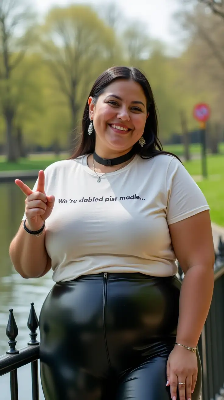 Curvy-Woman-Pointing-at-a-Quirky-Warning-Sign-in-a-City-Park