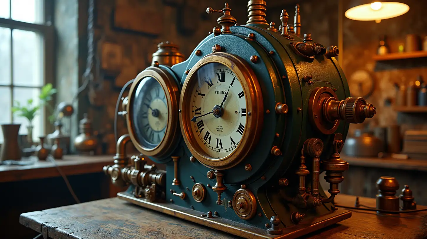 Steampunk Time Travel Machine in Inventors Lab with Psychedelic Design