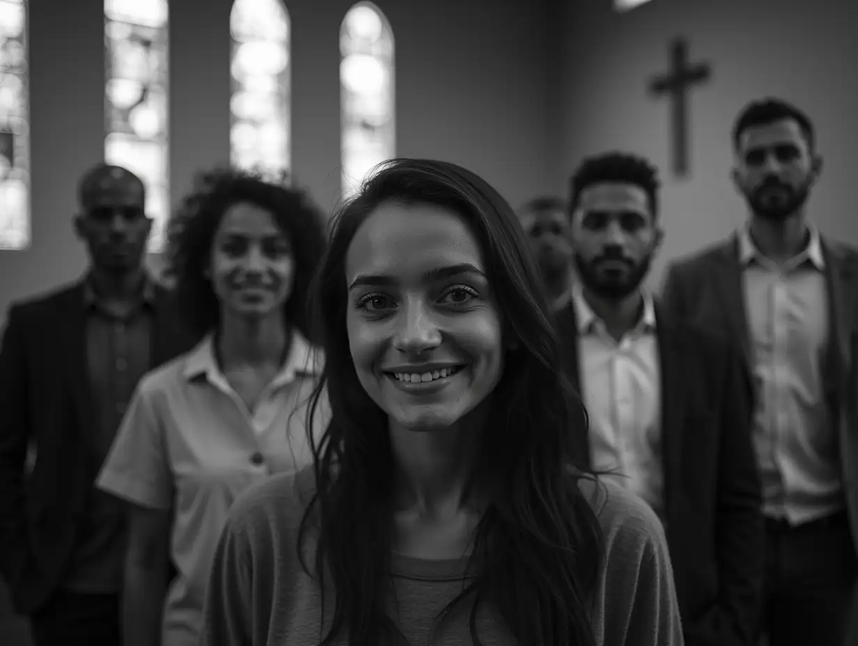 Diverse-Group-of-Ten-People-Posing-Inside-a-Chapel-in-Black-and-White