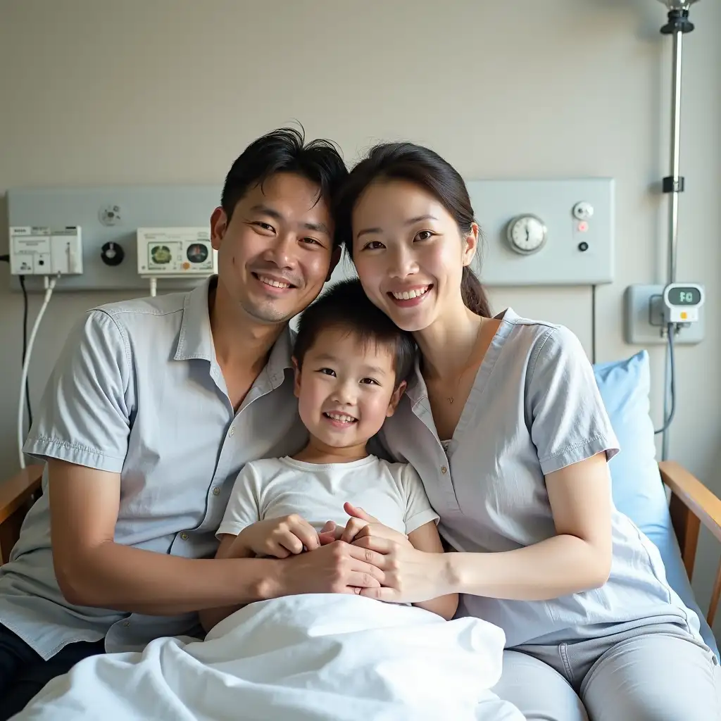 Photo of 3, Father 35 years old, mother 30 years old and son 6 years old at vip room hospital their son got thypus, cough and flu So he must be bedrest Got medication by infusion Father, son and mother take a photo together