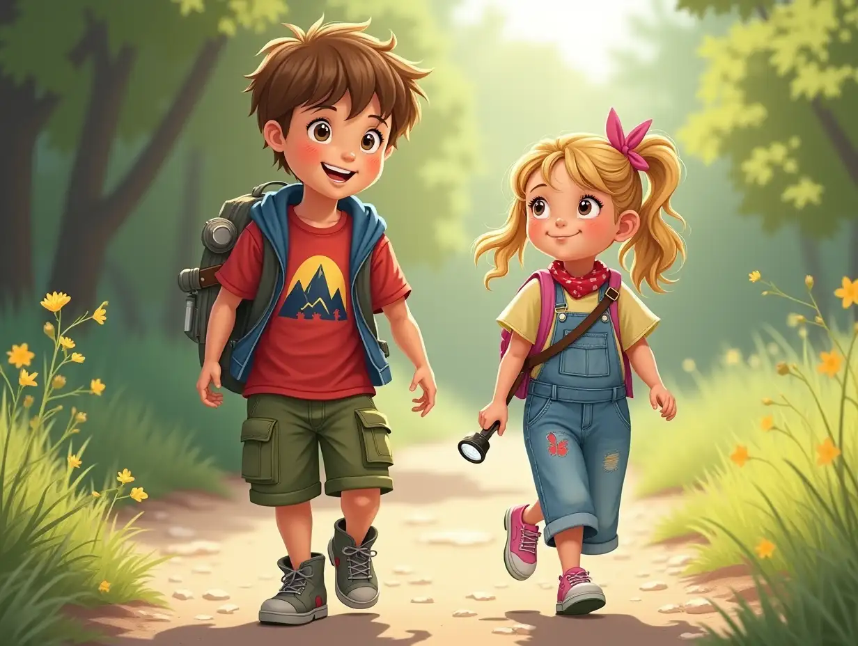 One sunny morning, Max, a 10-year-old boy with short, messy brown hair, wearing a red T-shirt featuring a mountain design and green cargo shorts, with a blue hoodie tied around his waist, set off on an adventure with Lily, an 8-year-old girl with long, wavy blonde hair tied into a ponytail with a pink ribbon. She wore a light yellow tank top with a butterfly print, denim overalls, and a red bandana around her neck. Her pink slip-on sneakers sparkled as she skipped alongside him, her magnifying glass hanging from a lanyard around her neck. Max’s worn-in sneakers, with scuffed toes, crunched on the gravel trail as he adjusted the straps of his small backpack, which had a flashlight on one side and a compass on the other. Lily clutched her small notebook and pencil, tucked into her pocket, ready to jot down any clues they might find.