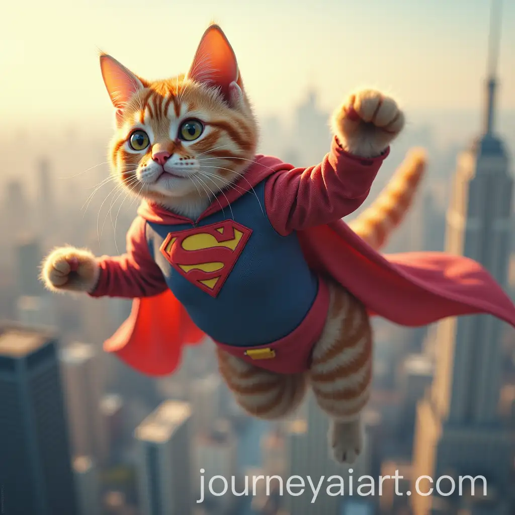 Anthropomorphic-Cat-Mom-in-Colorful-Superhero-Suit-Flying-Above-City-Skyline
