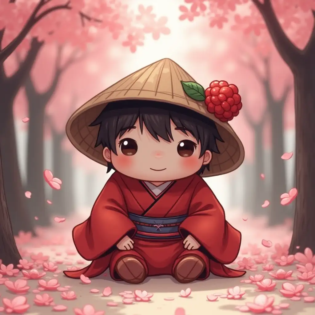 Small-Round-Creature-in-Cherry-Blossom-Forest-Wearing-a-CherryRed-Kimono