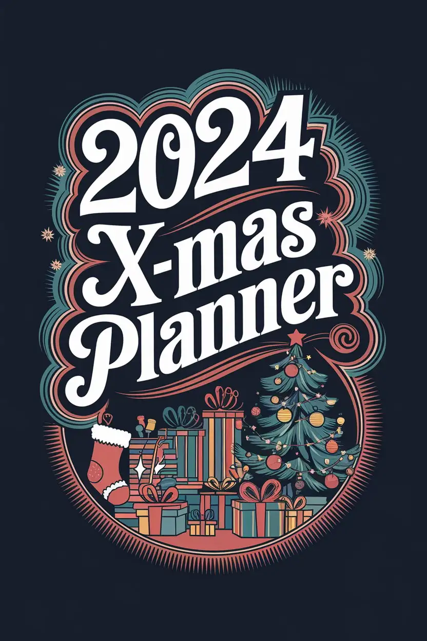 Colorful Swirly Retro Christmas Style Text on Dark Blue Background