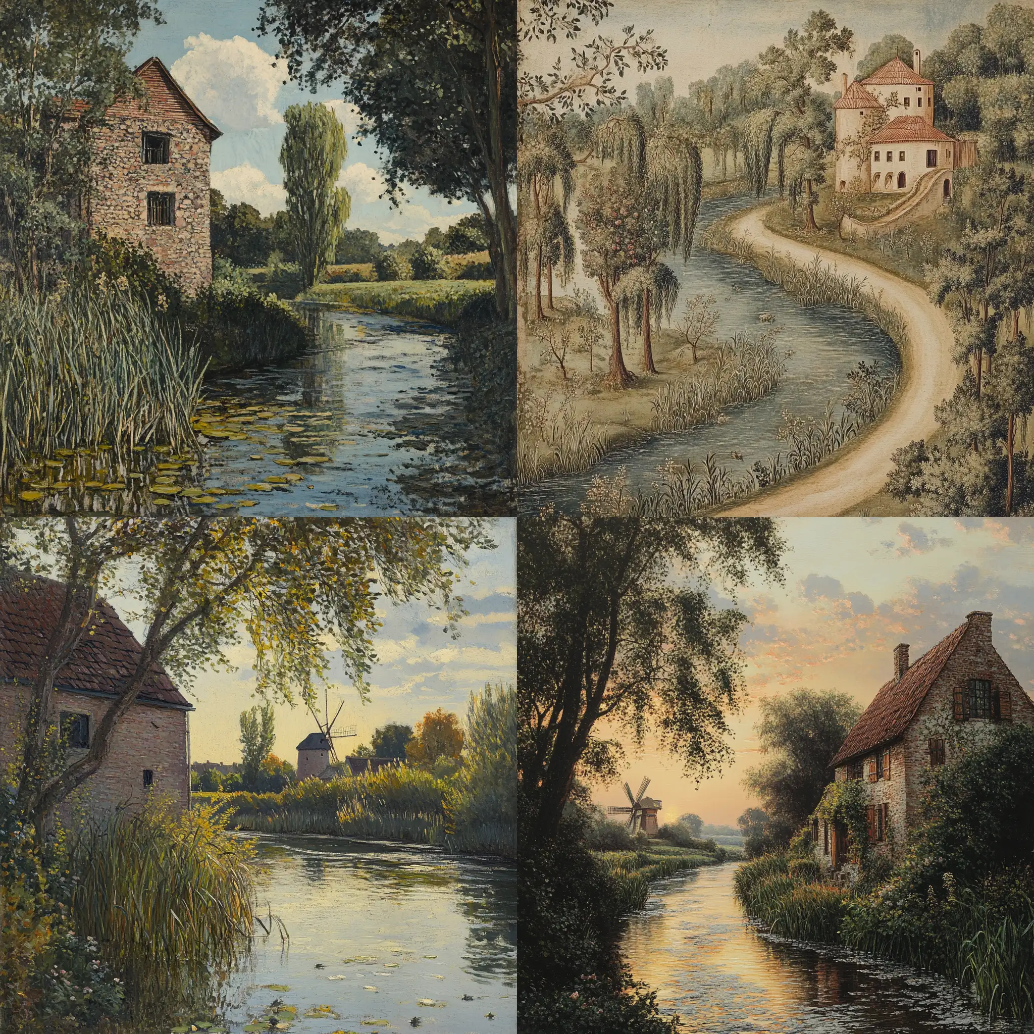 Scenic-River-with-Watermill-Bullrushes-and-Willow-Trees