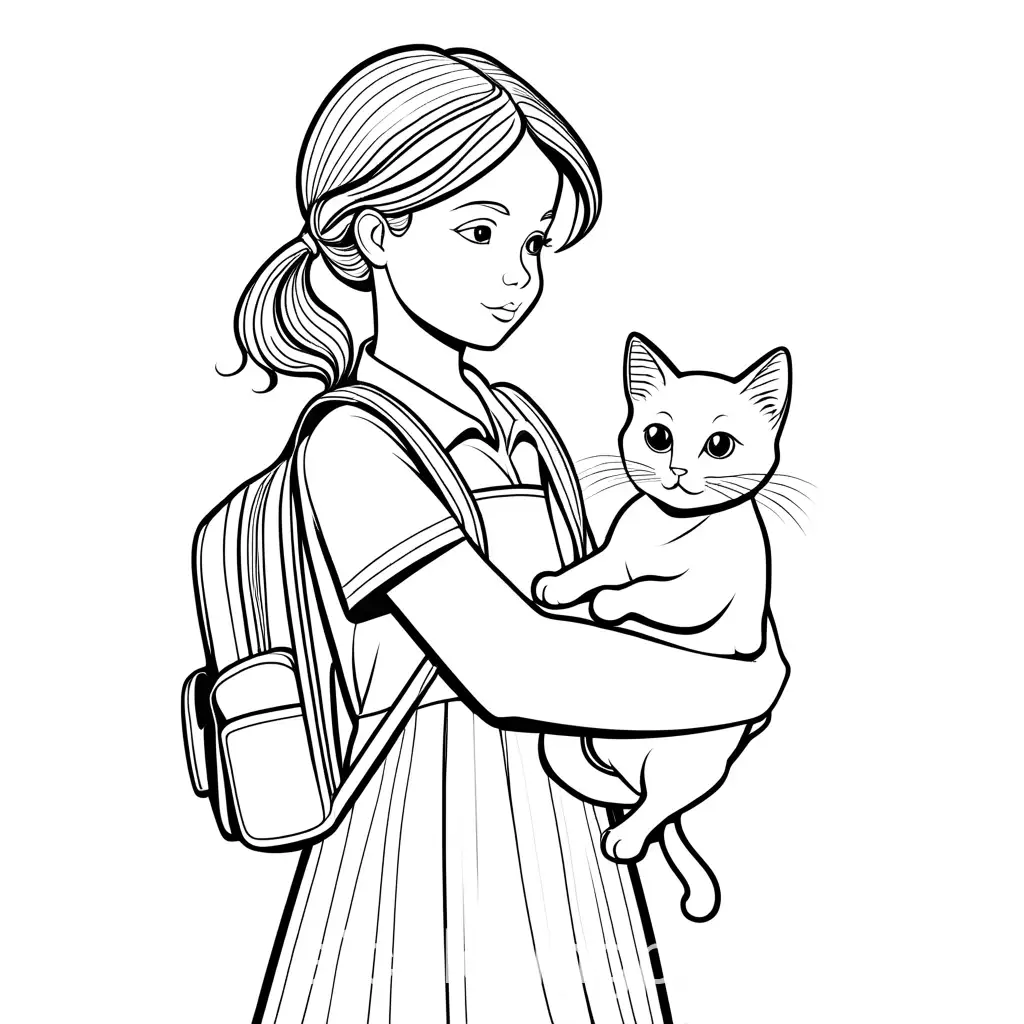 6 year old girl holding her baby cat and going to school, Coloring Page, black and white, line art, white background, Simplicity, Ample White Space