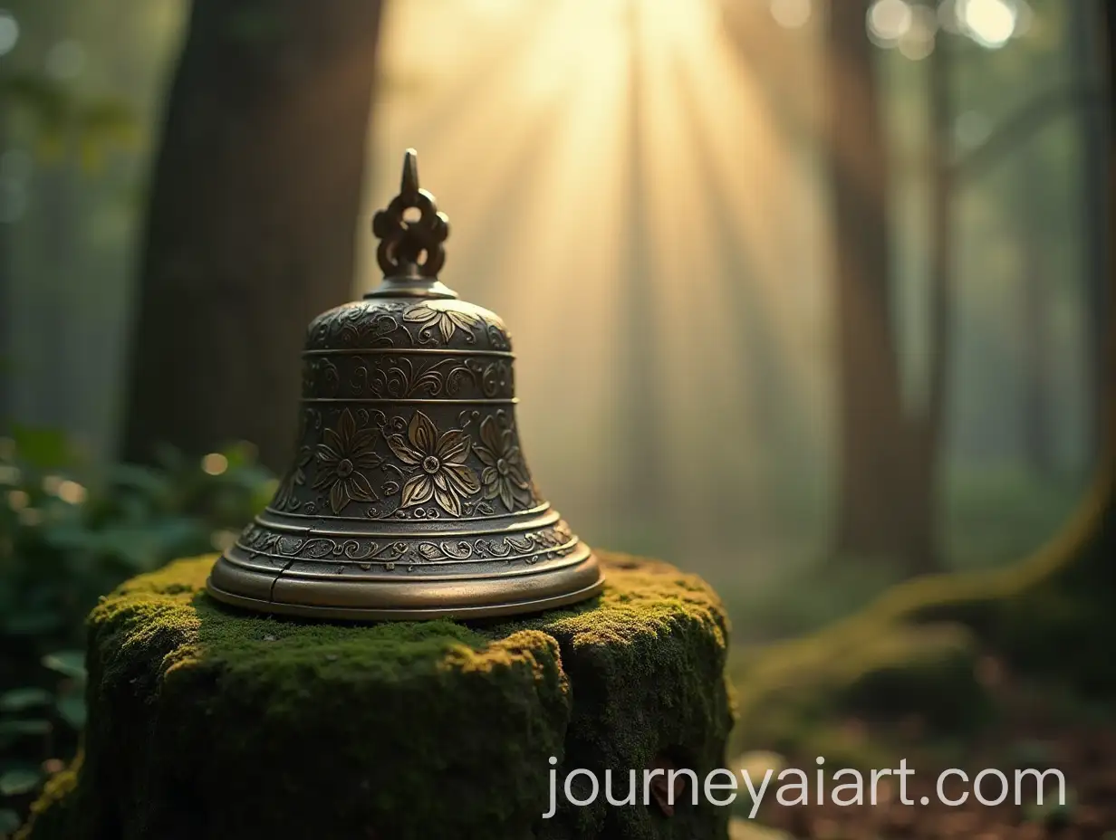 Vintage-Bronze-Bell-on-MossCovered-Pedestal-in-Misty-Forest-with-Soft-Sunlight