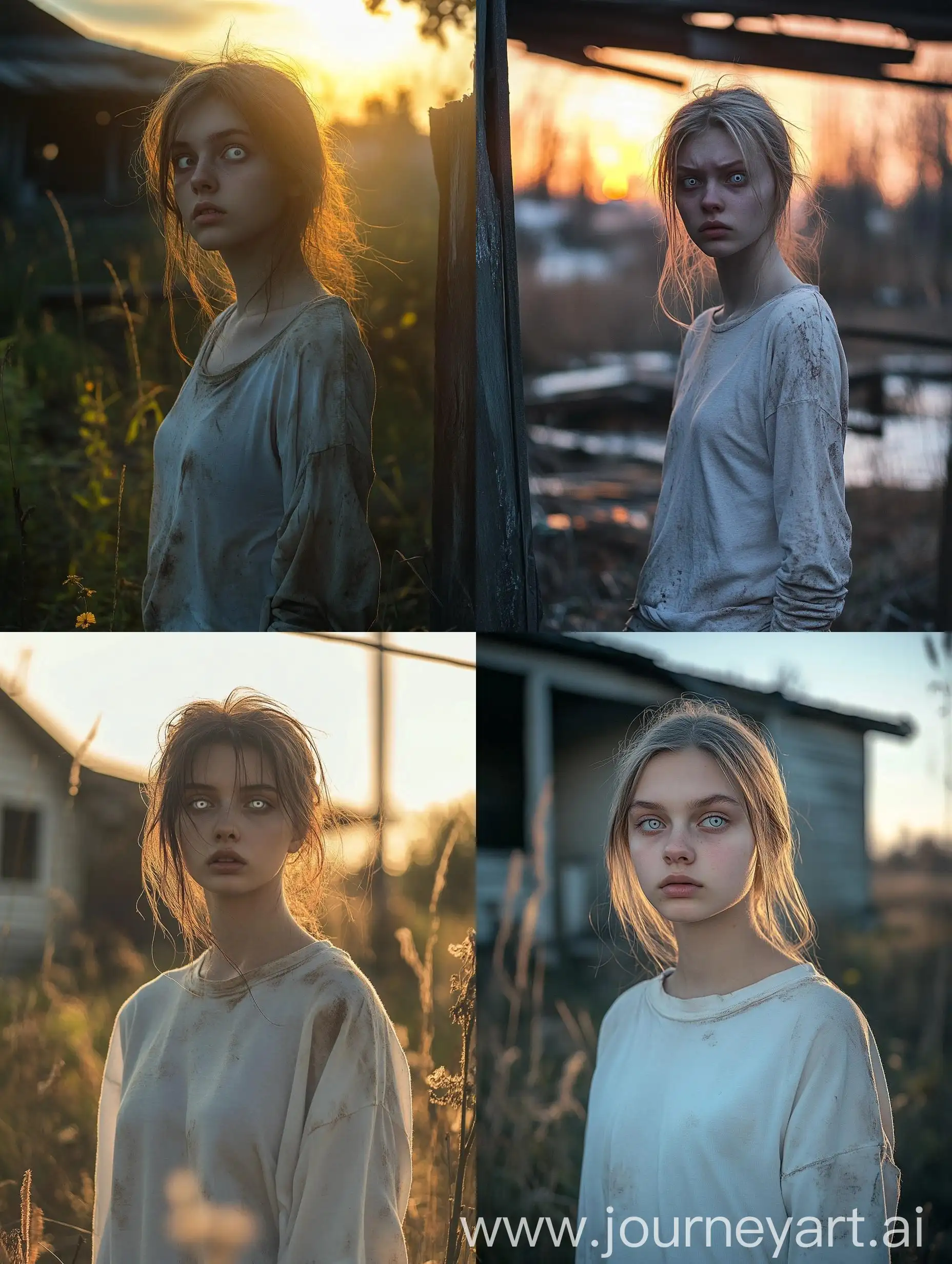 Eerie-Sunset-Portrait-of-a-Young-Eurasian-Woman-in-an-Abandoned-Yard