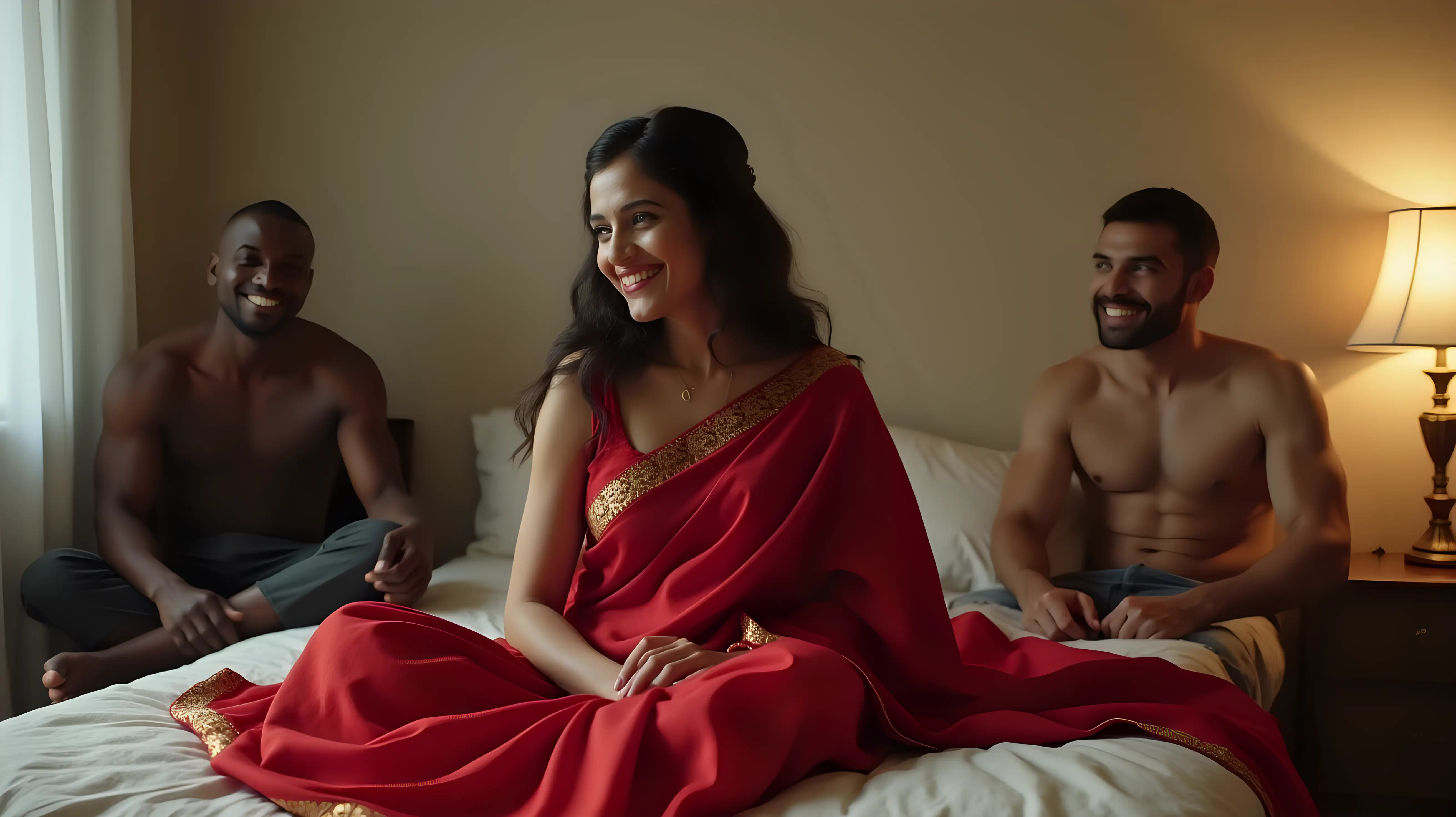 Indian-Wife-in-Red-Saree-with-Husband-and-Muscular-Man-in-Bedroom-Setting